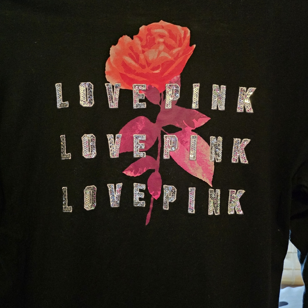PINK Victoria's Secret Black Long Sleeve Tee with Red Rose And Sparkles